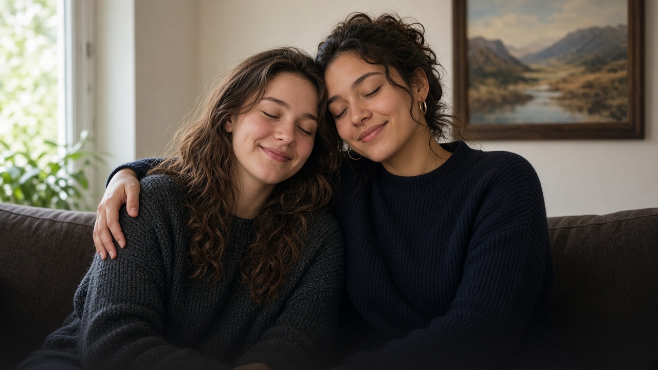 Two women sitting close, one with an arm around the other
